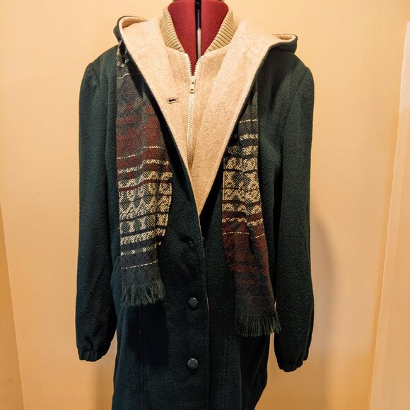 Herman Kay Women’s Dark Green Wool Hooded Coat with Attached Scarf – Size 8 - Picture 1 of 14